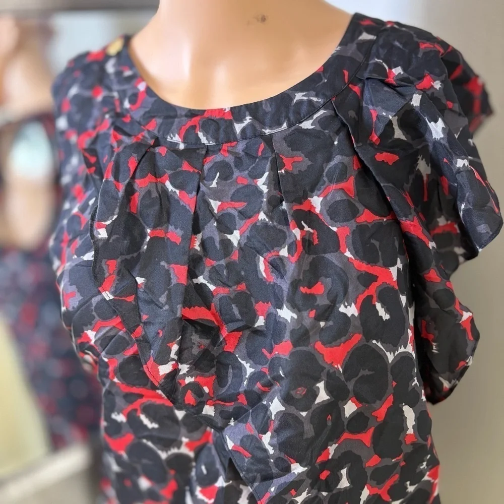 Michael Kors Black and Red Ruffled Cap Sleeve Blouse
